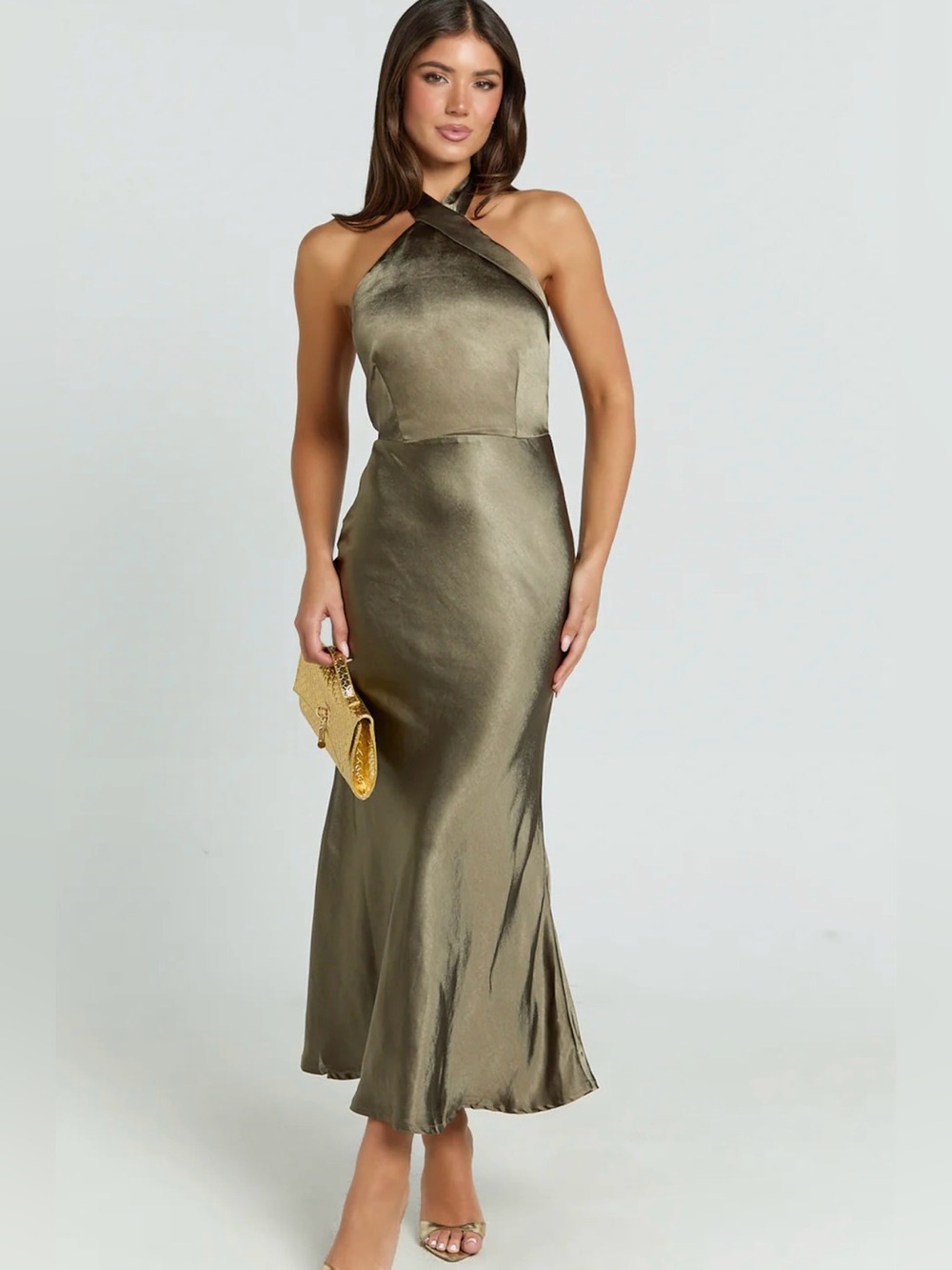 Showpo Rhianne Midi Dress Bronze Satin Halter Open Back